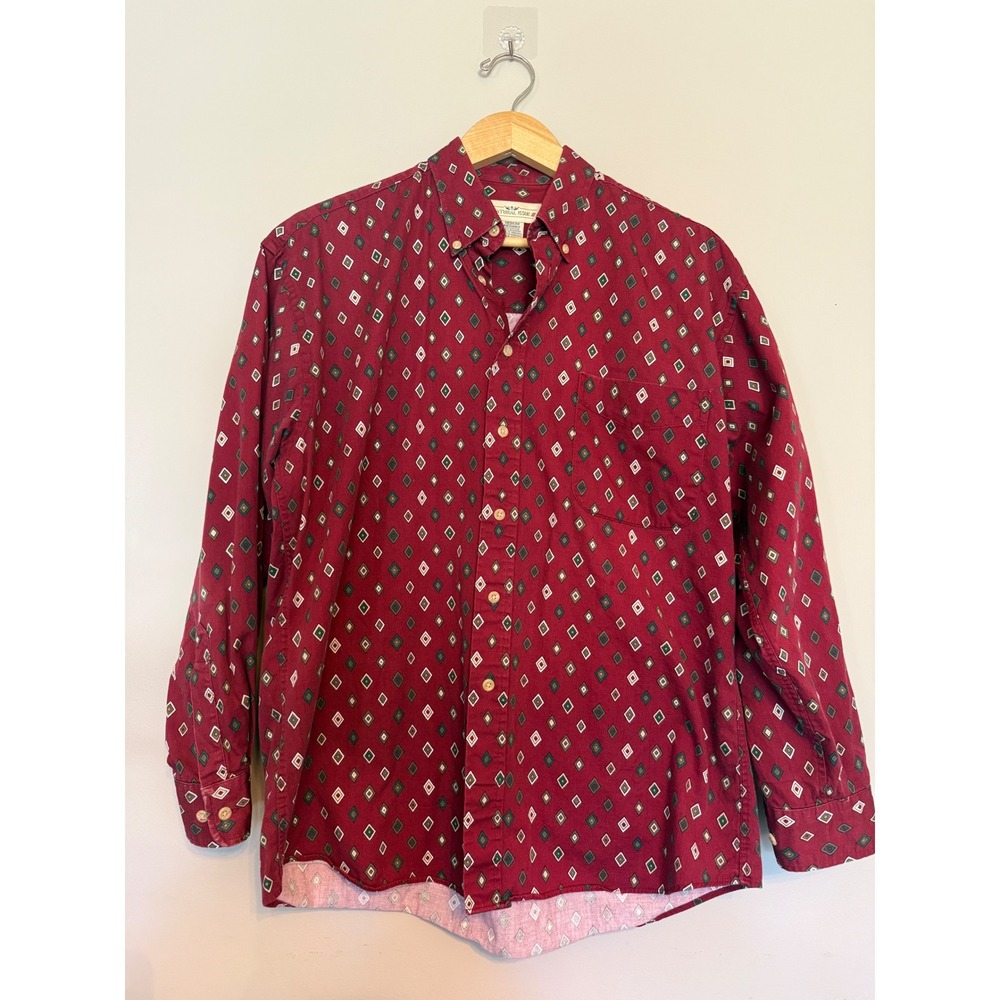 VTG Natural Issue Mens Burgundy Geometric Diamond Cotton‎ Button Down Shirt M